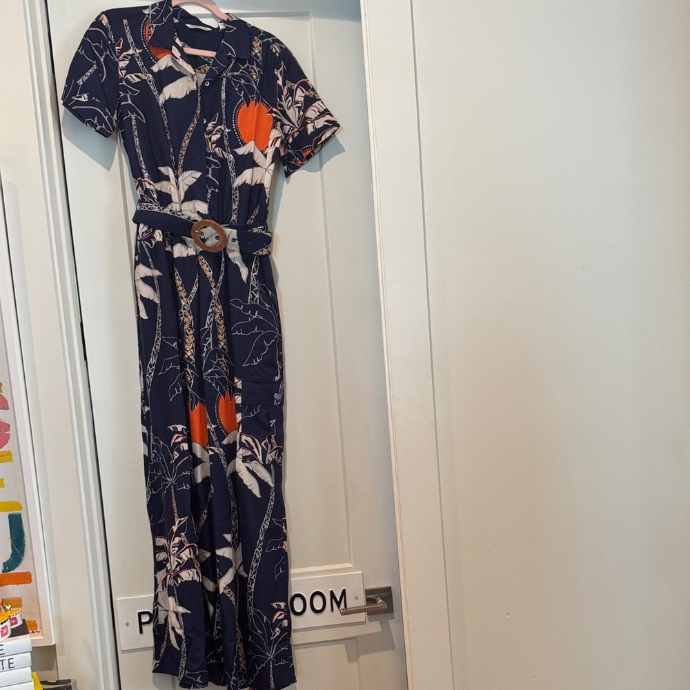 Tori Richard Navy and Orange Floral Maxi Jumpsuit